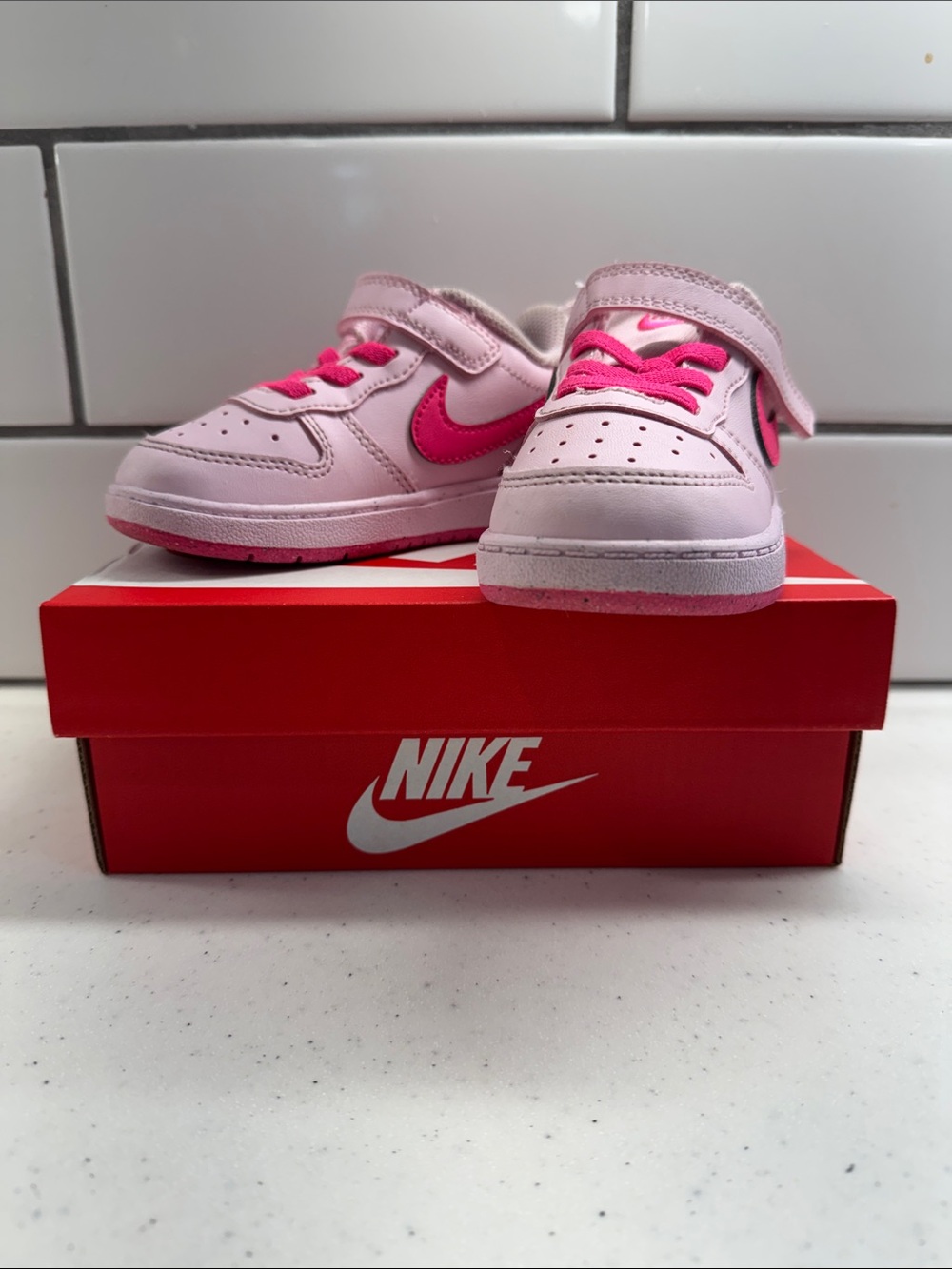Nike Kids Light Pink Sneakers with Hot Pink Swoosh